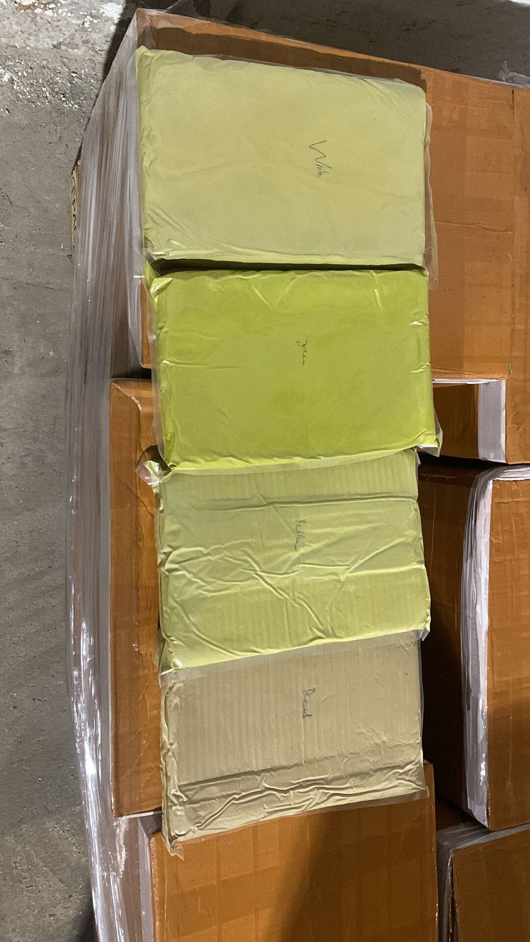 Our own White, Green, Yellow and Red kratom batches, freshly milled and bagged, side by side